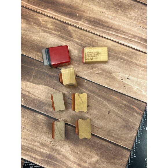 SET OF 7 HOLIDAY THEMED WOOD MOUNTED RUBBER STAMPS PEACE SANTA HAT SNOWFLAKE - Picture 2 of 6